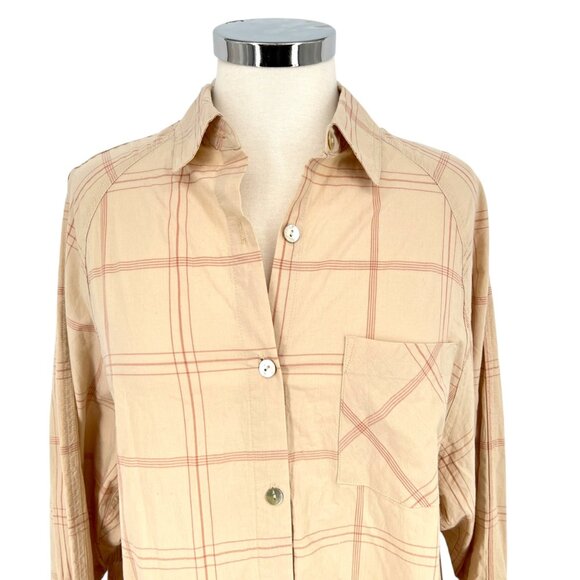 Jackson Rowe Beau Plaid Button-Up Oversized Shirt Dress Beige Size Medium NWOT - Picture 2 of 13